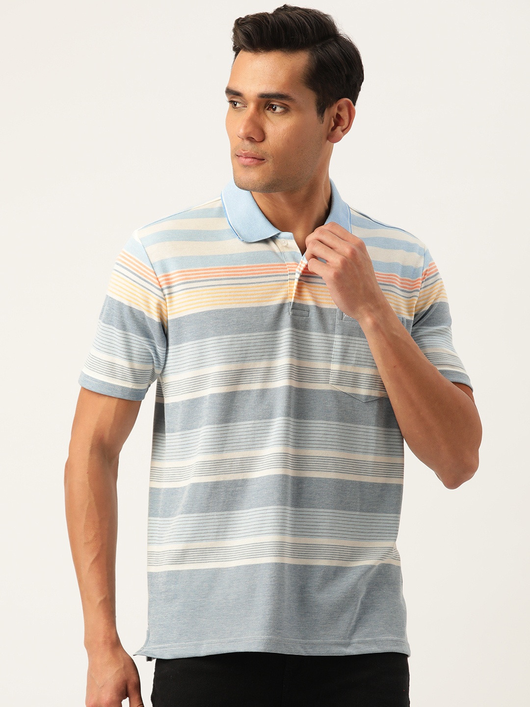 

Monte Carlo Striped Polo Collar Pure Cotton T-shirt, Blue