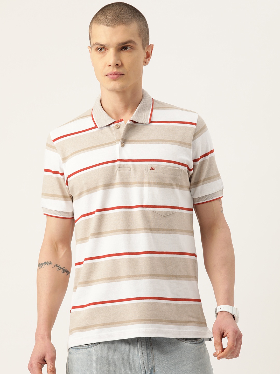 

Monte Carlo Striped Polo Collar Pure Cotton T-shirt, Beige