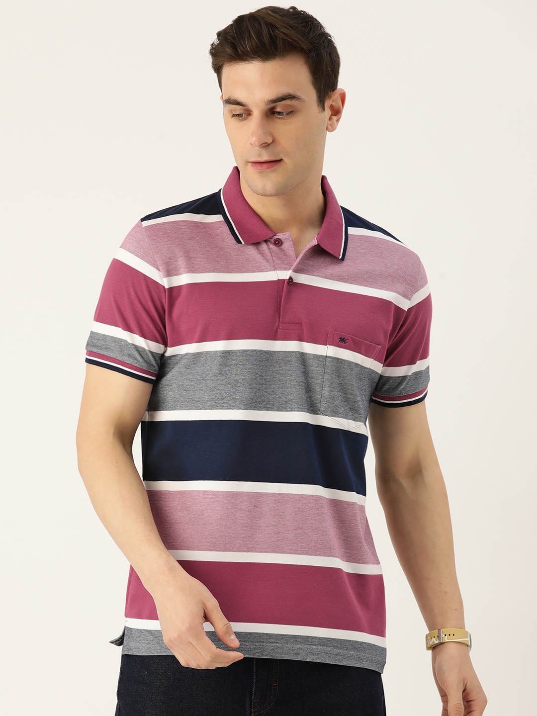 

Monte Carlo Striped Polo Collar T-shirt, Magenta