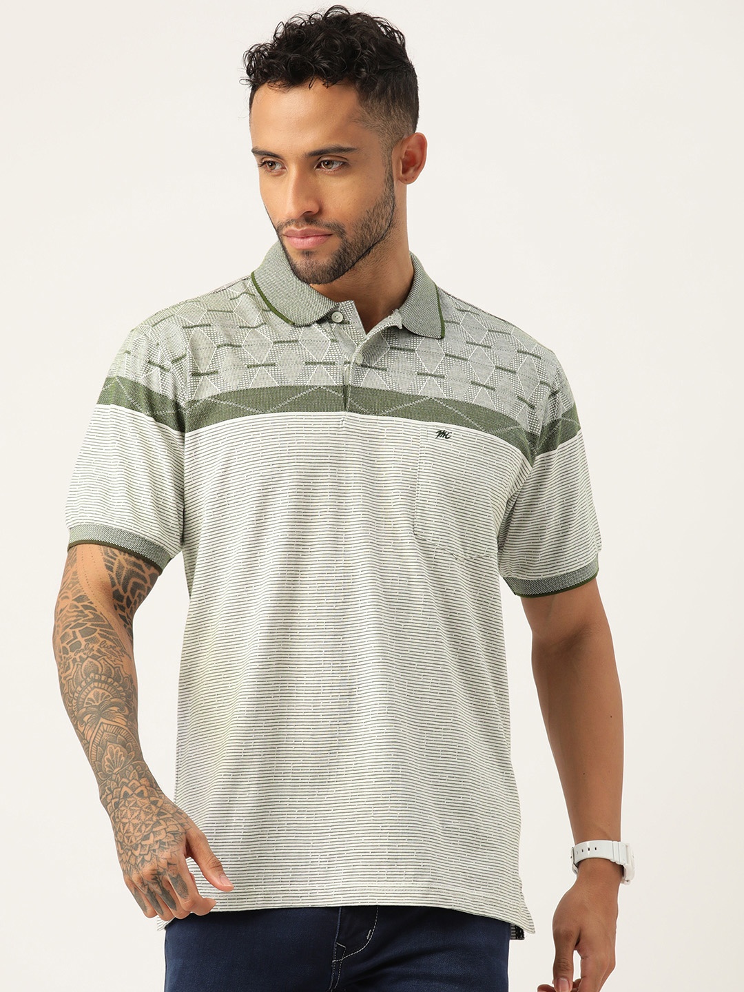 

Monte Carlo Men Striped Polo Collar Pure Cotton T-shirt, Olive