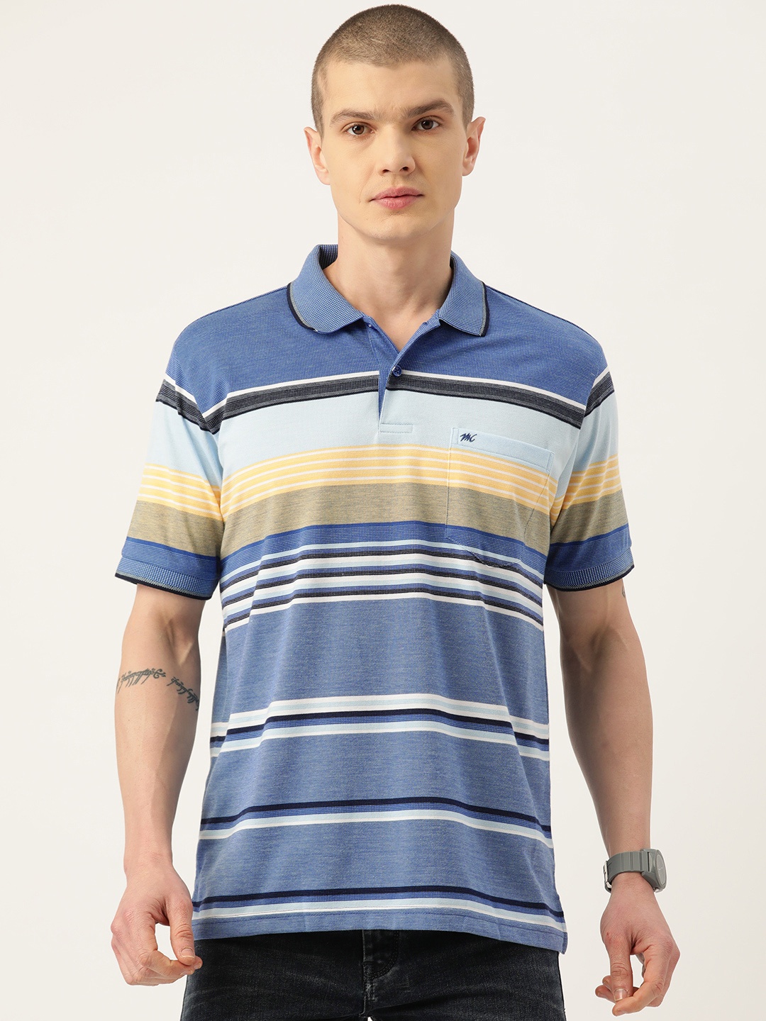 

Monte Carlo Men Striped Polo Collar T-shirt, Blue