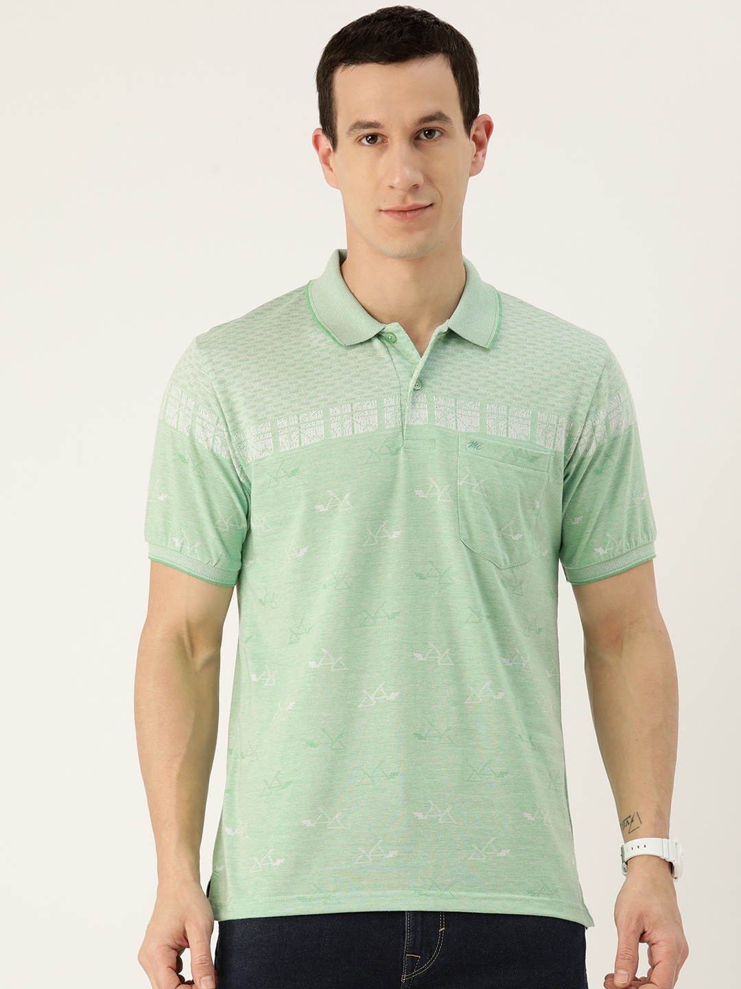 

Monte Carlo Geometric Woven Design Polo Collar Chest Pockets Detailed T-shirt, Green