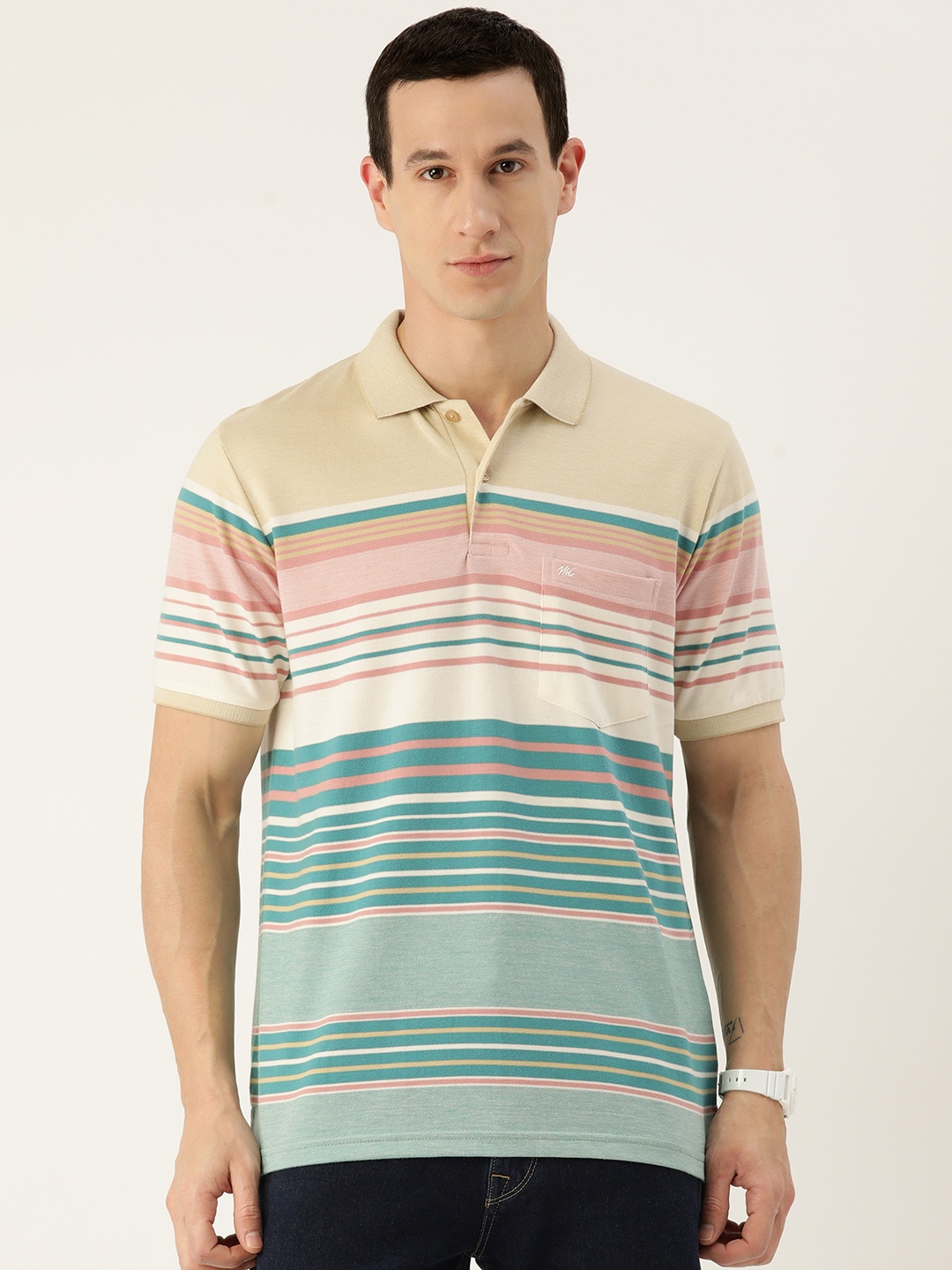 

Monte Carlo Striped Polo Collar Chest Pockets Detailed T-shirt, Green