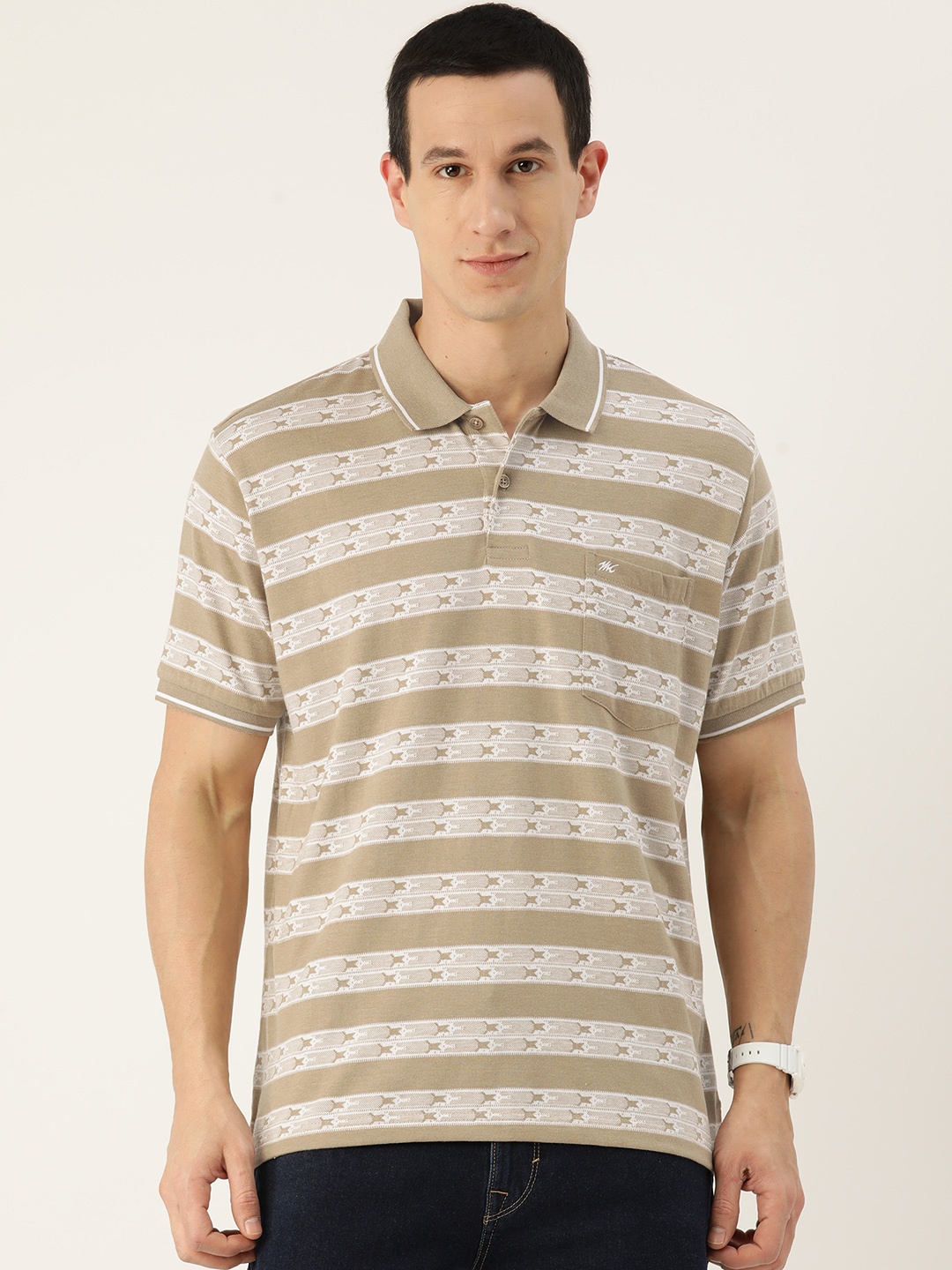 

Monte Carlo Striped Polo Collar Chest Pockets Detailed T-shirt, Khaki