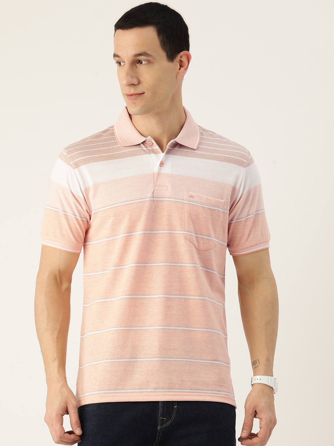 

Monte Carlo Striped Polo Collar Chest Pockets Detailed T-shirt, Pink