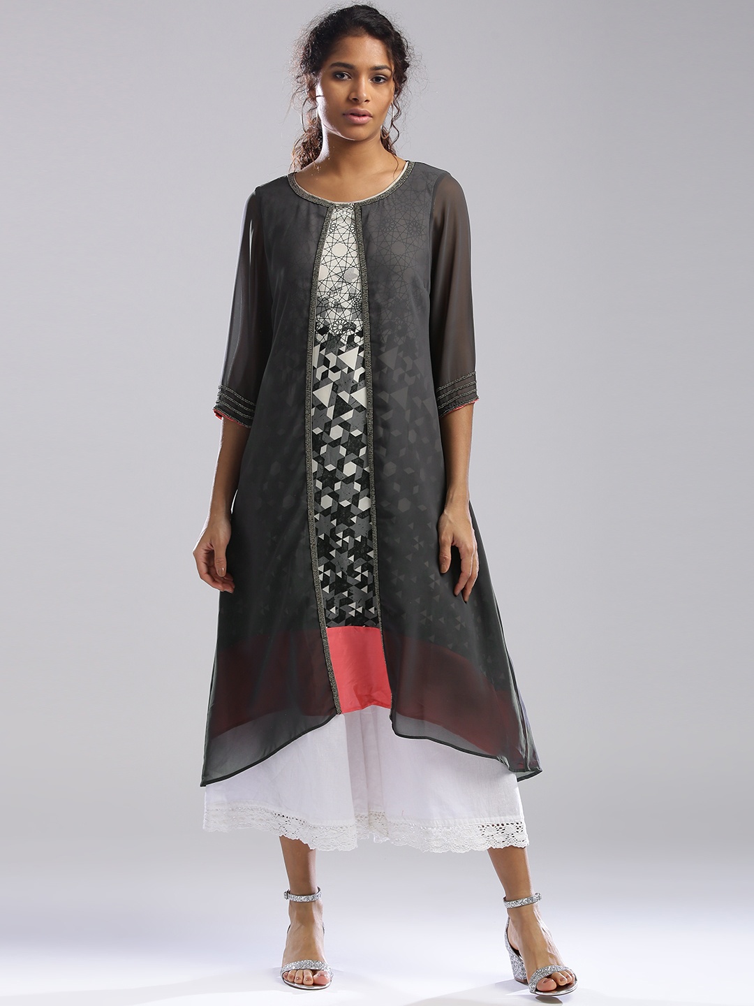 

Wishful by W Women Grey & Black Printed Layered A-Line Kurta