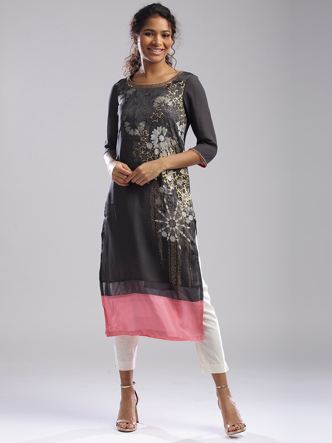 

WISHFUL by W Women Grey Printed Straight Kurta