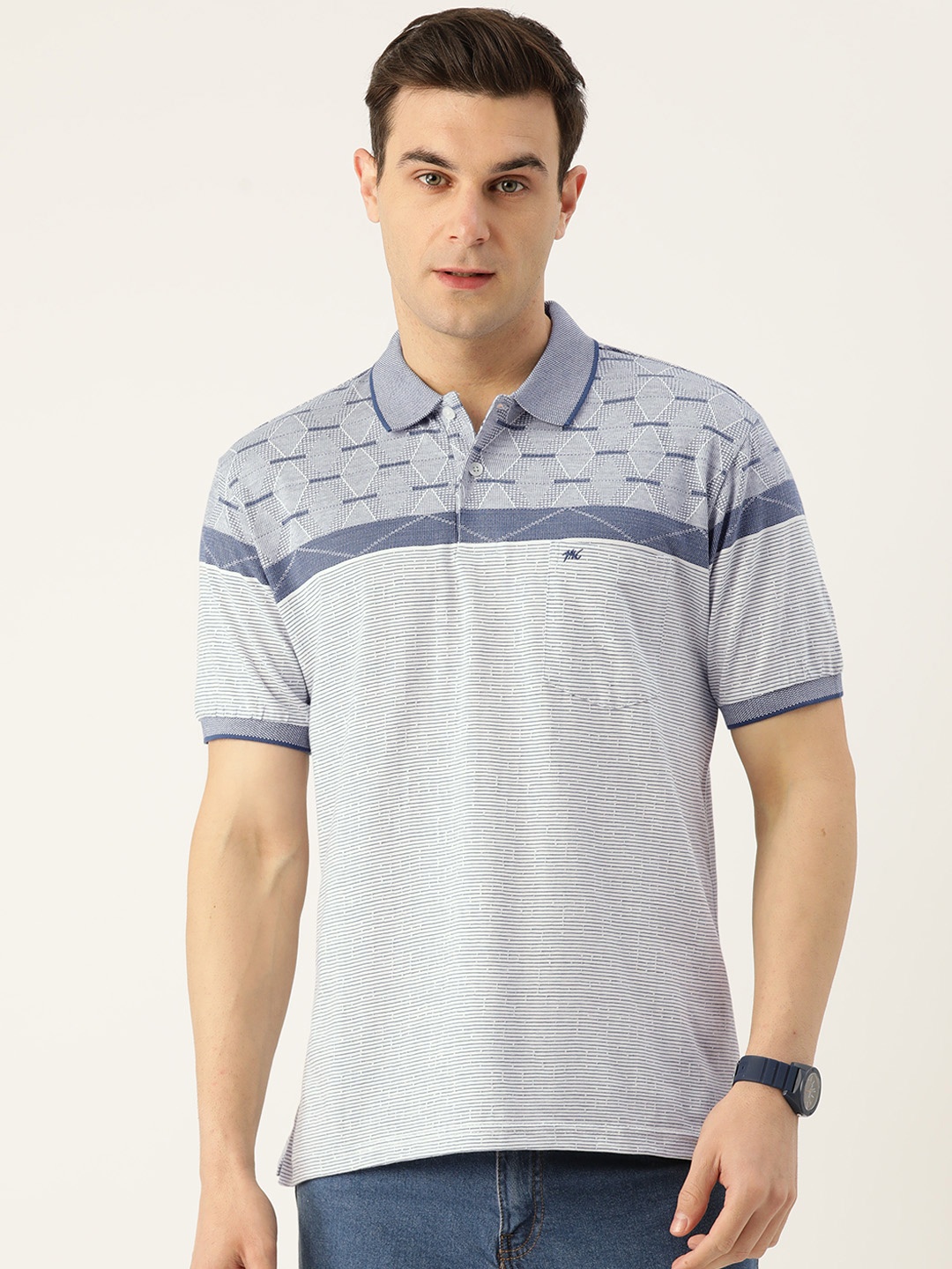 

Monte Carlo Men Striped Polo Collar Pure Cotton T-shirt, Blue