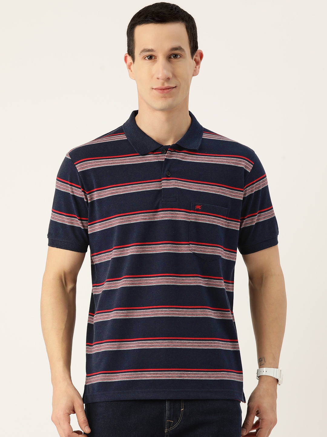 

Monte Carlo Men Striped Polo Collar T-shirt, Navy blue