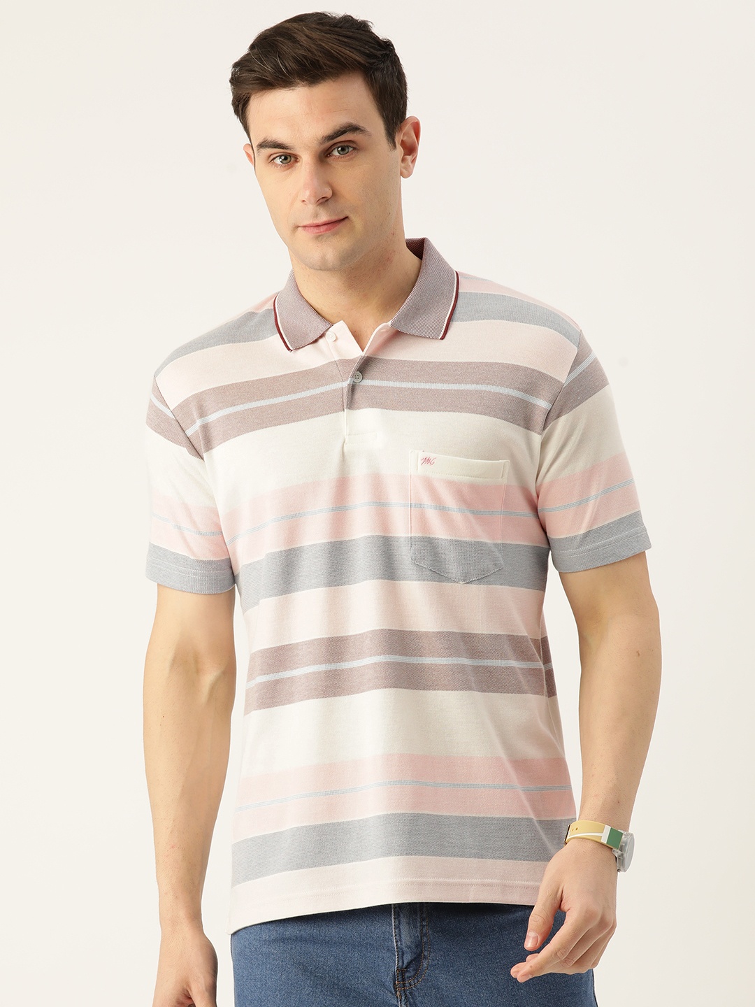 

Monte Carlo Men Striped Polo Collar T-shirt, Pink