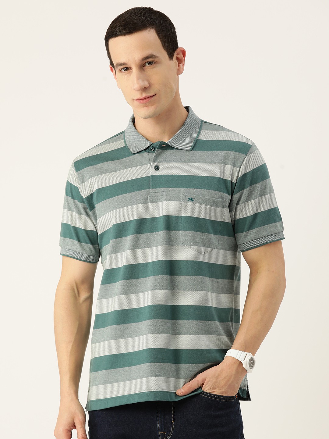 

Monte Carlo Men Striped Polo Collar T-shirt, Green