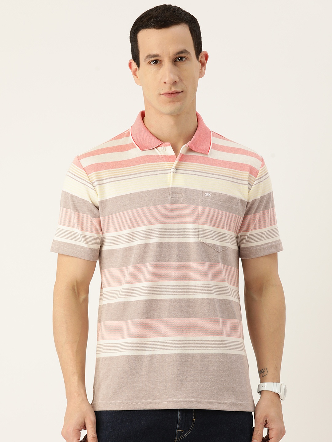

Monte Carlo Men Striped Polo Collar T-shirt, Pink