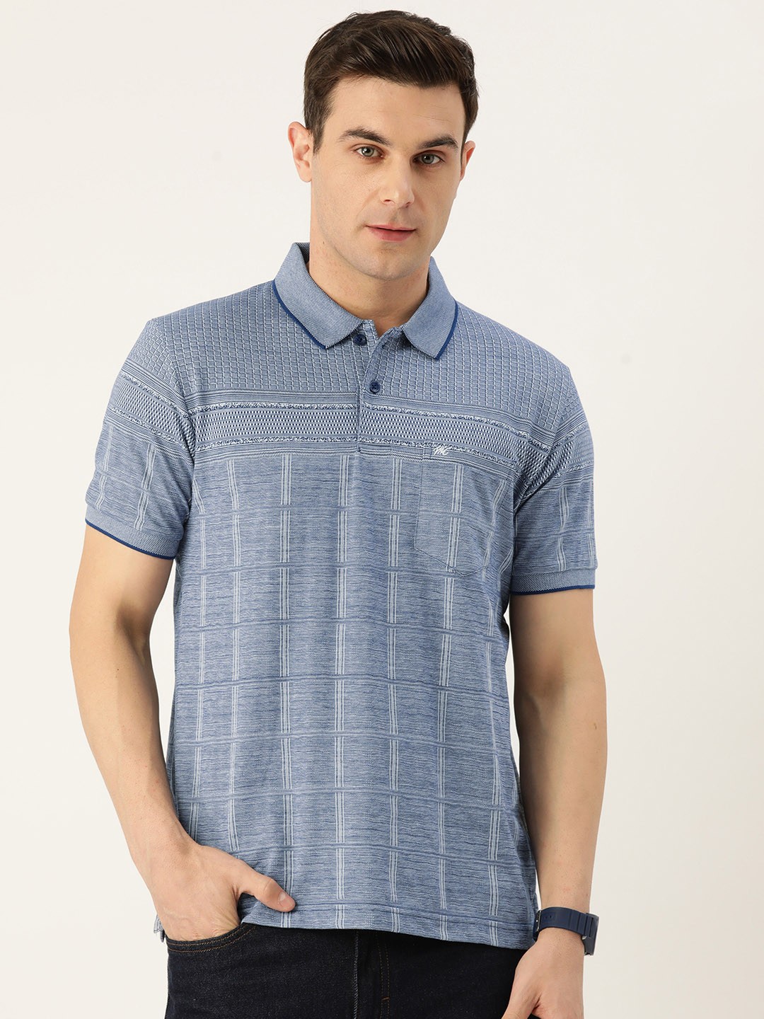 

Monte Carlo Men Self Checked Polo Collar T-shirt, Blue