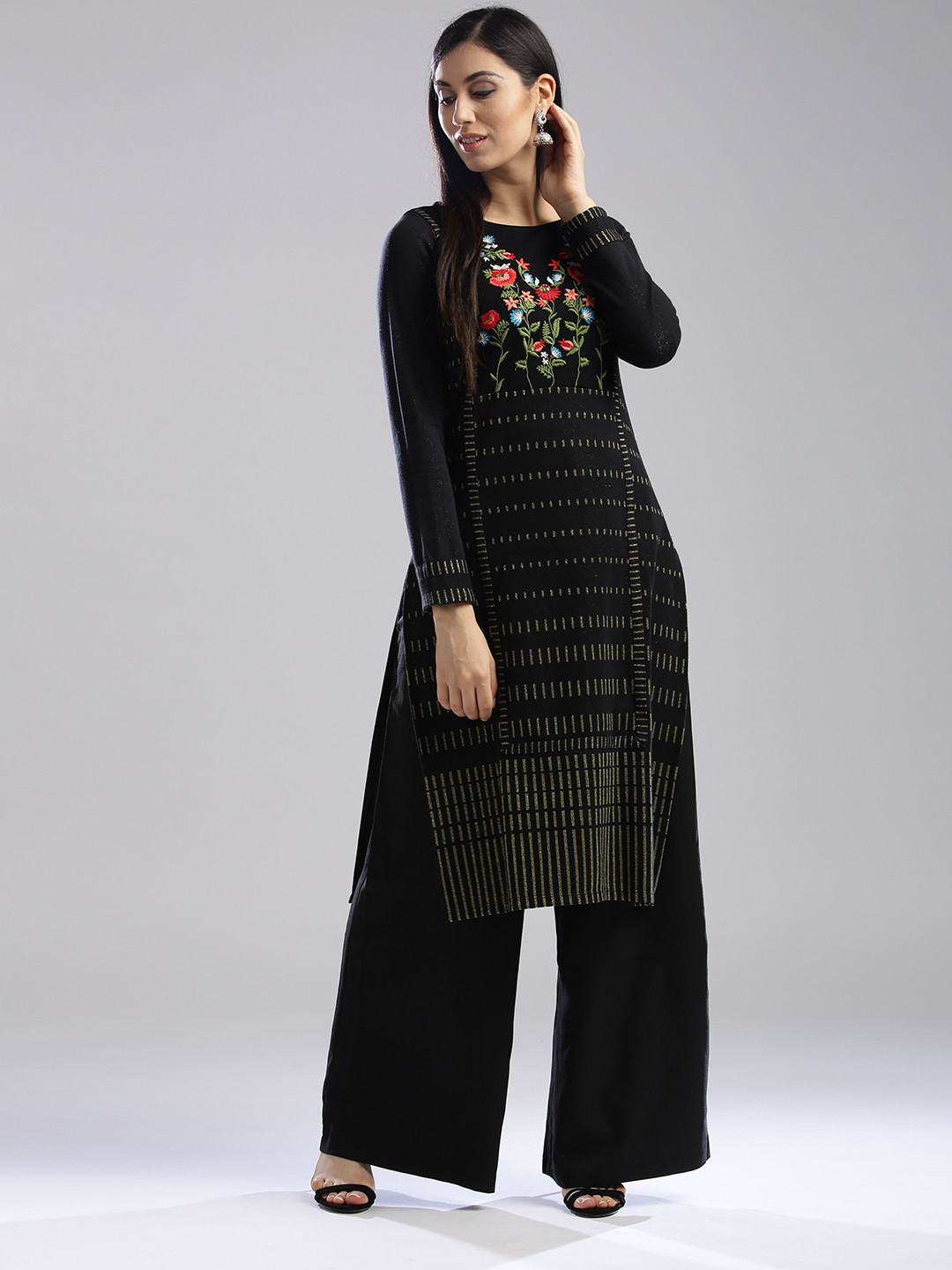 

W Women Black Woven Design Straight Kurta
