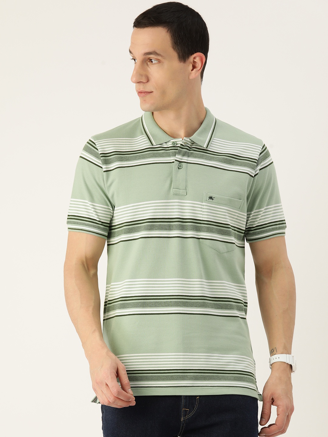 

Monte Carlo Men Striped Polo Collar T-shirt, Green