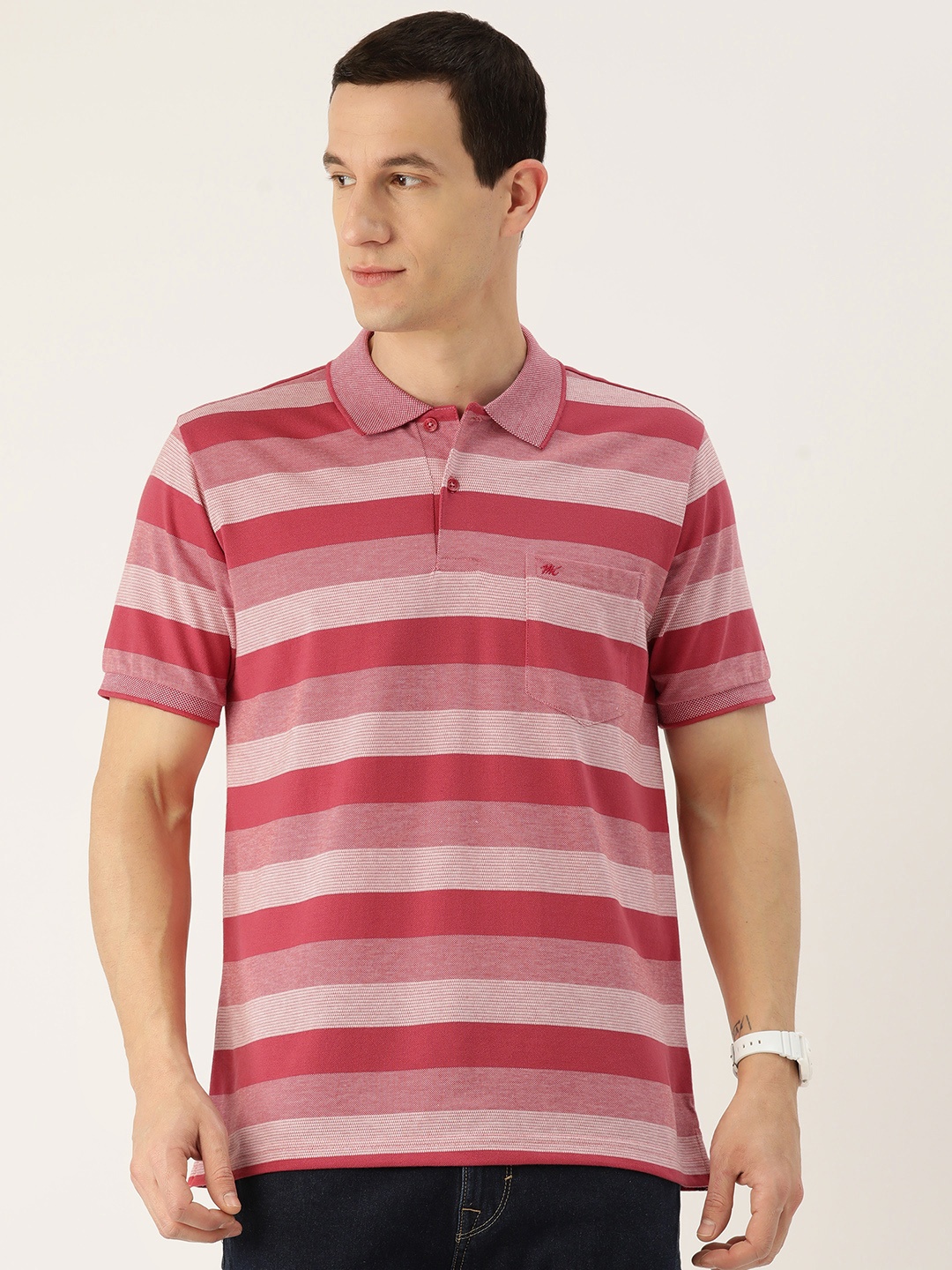 

Monte Carlo Men Striped Polo Collar T-shirt, Pink