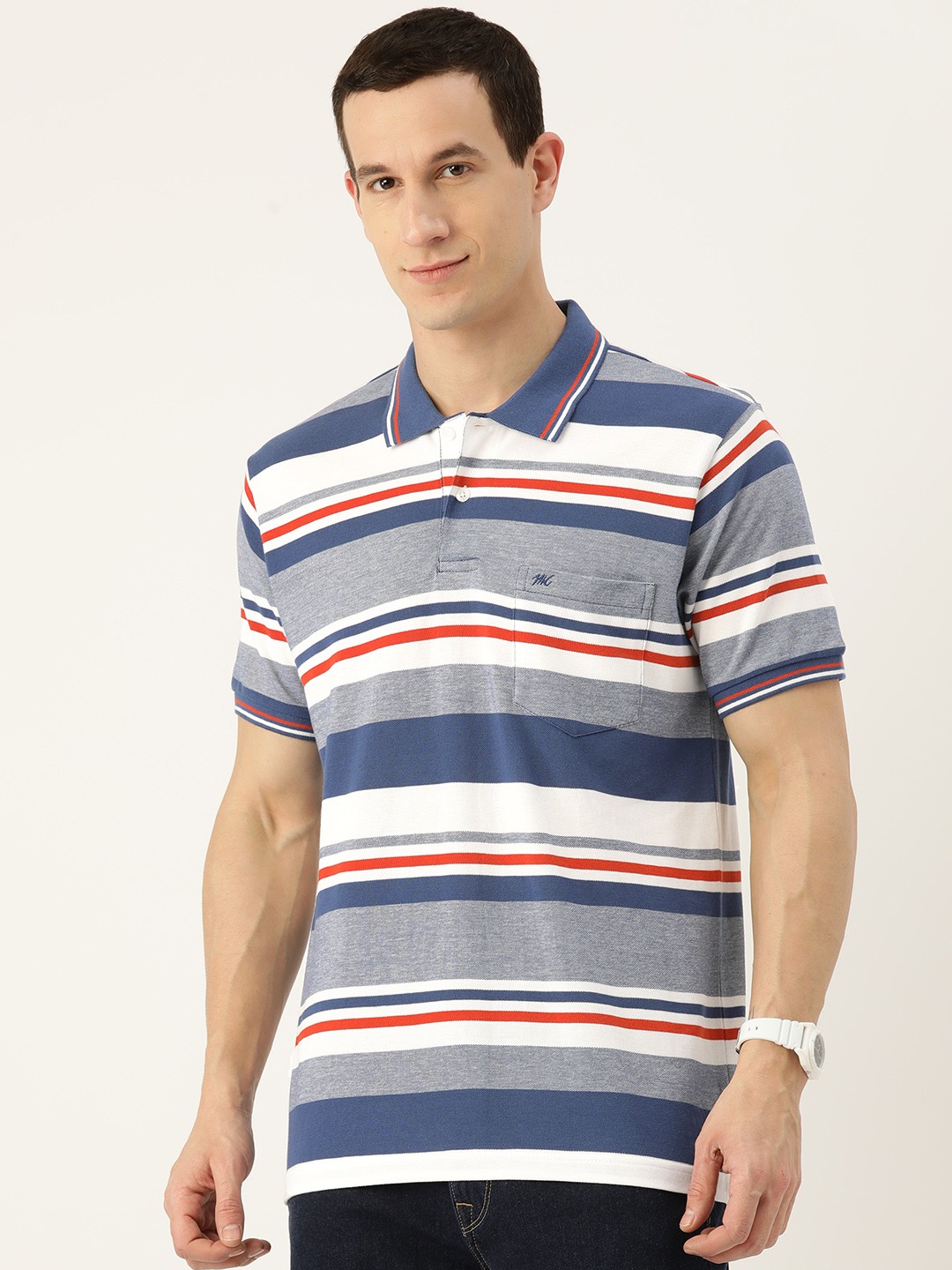 

Monte Carlo Striped Polo Collar Chest Pockets Detailed T-shirt, Navy blue