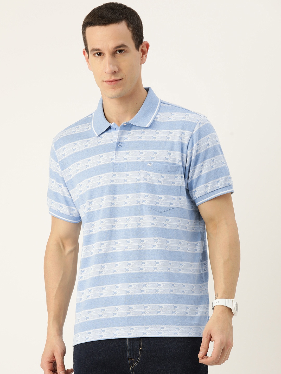 

Monte Carlo Striped Polo Collar Chest Pockets Detailed T-shirt, Blue