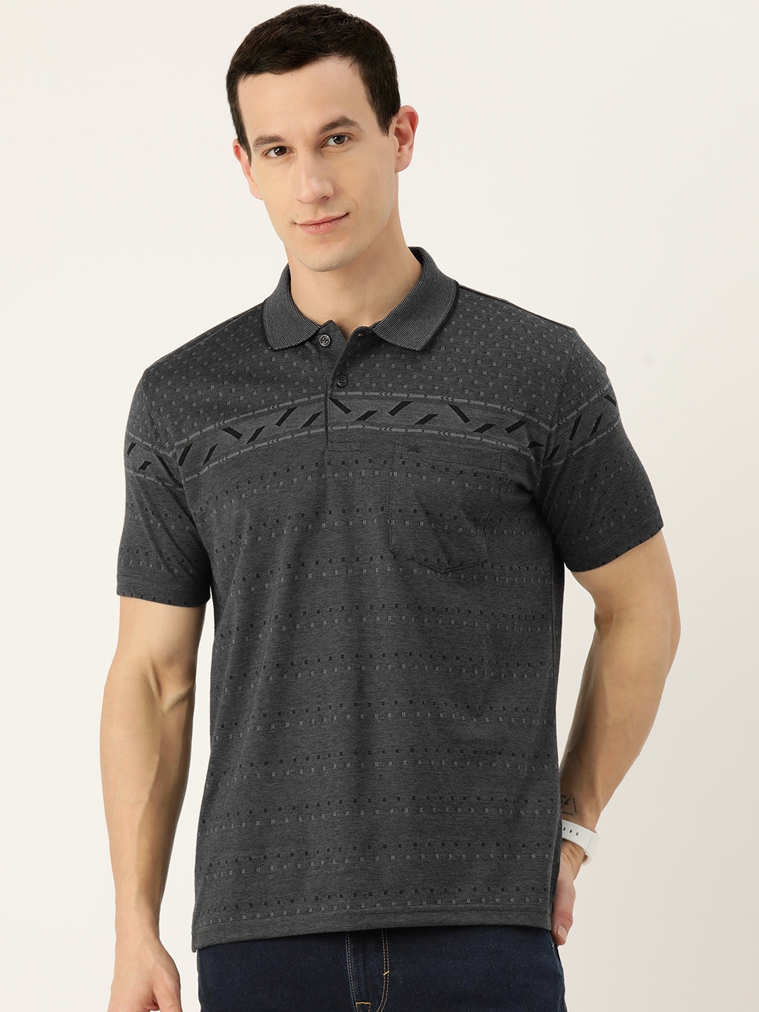

Monte Carlo Woven Design Polo Collar Chest Pockets Detailed T-shirt, Charcoal