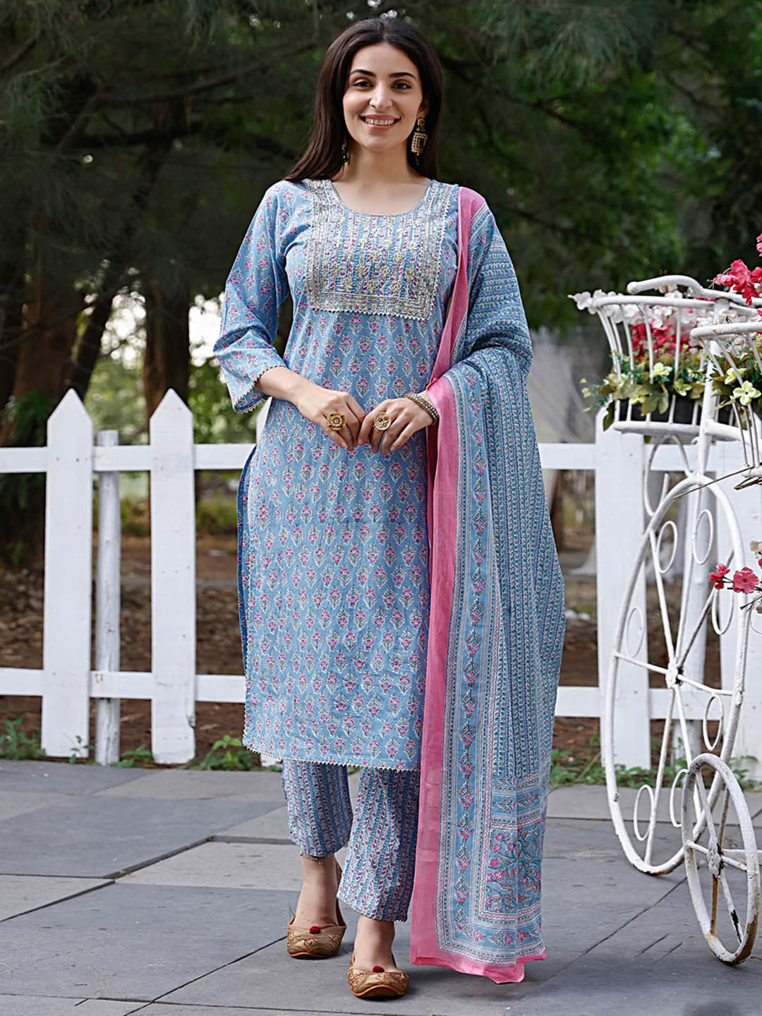 

KALINI Floral Printed Sequined Gotta Patti Kurta with Trousers & Dupatta, Blue