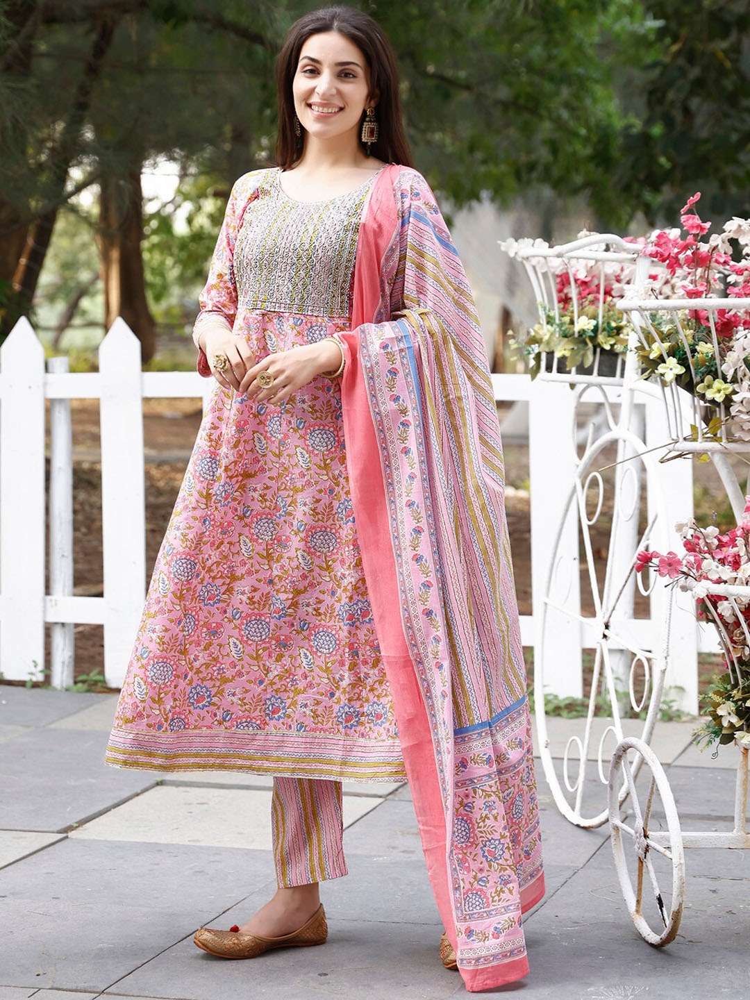 

KALINI Floral Printed Thread Work Anarkali Kurta with Trousers & Dupatta, Pink