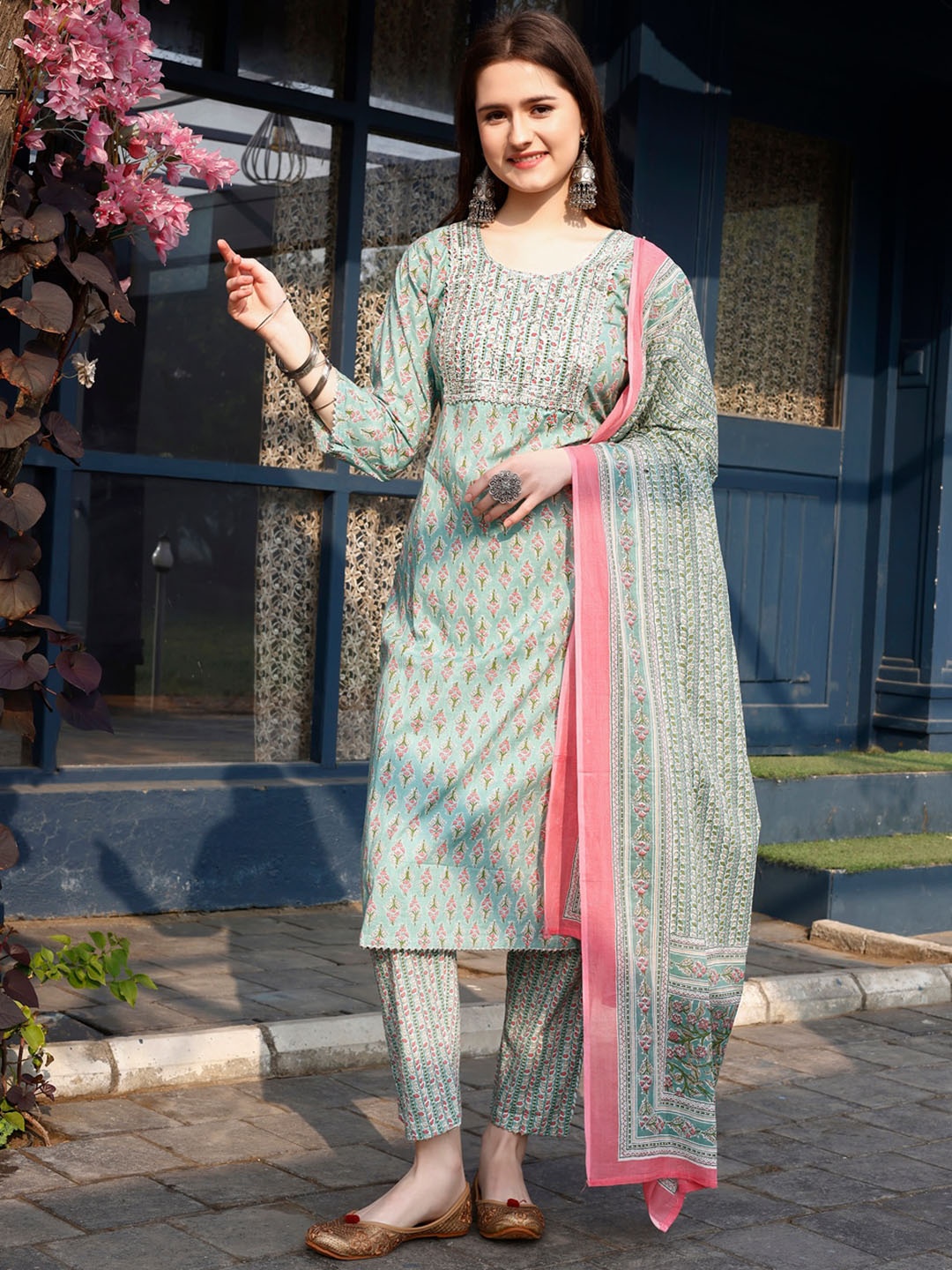 

KALINI Ethnic Motifs Printed Thread Work Kurta with Trousers & Dupatta, Green