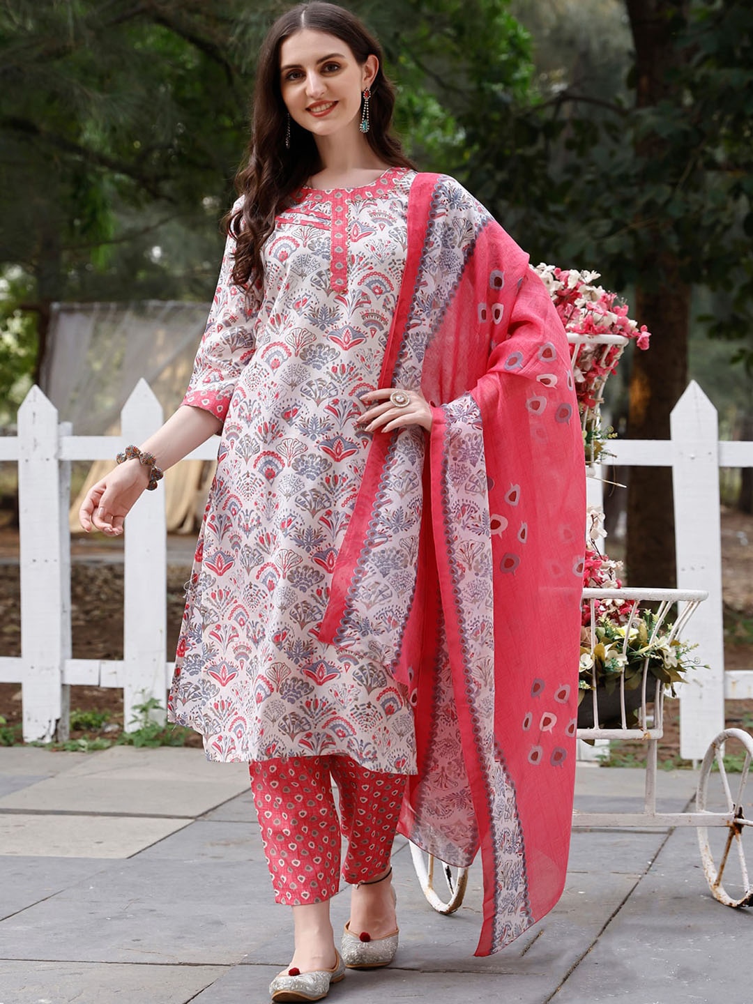 

KALINI Floral Printed Straight Kurta with Trousers & Dupatta, Pink