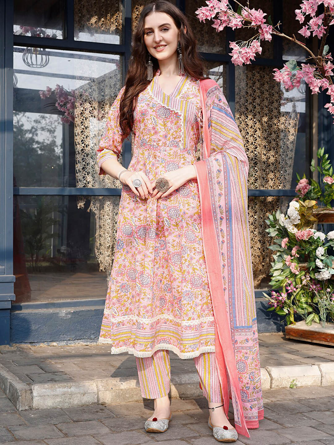 

KALINI Floral Printed Angrakha Anarkali Kurta with Trousers & Dupatta, Pink