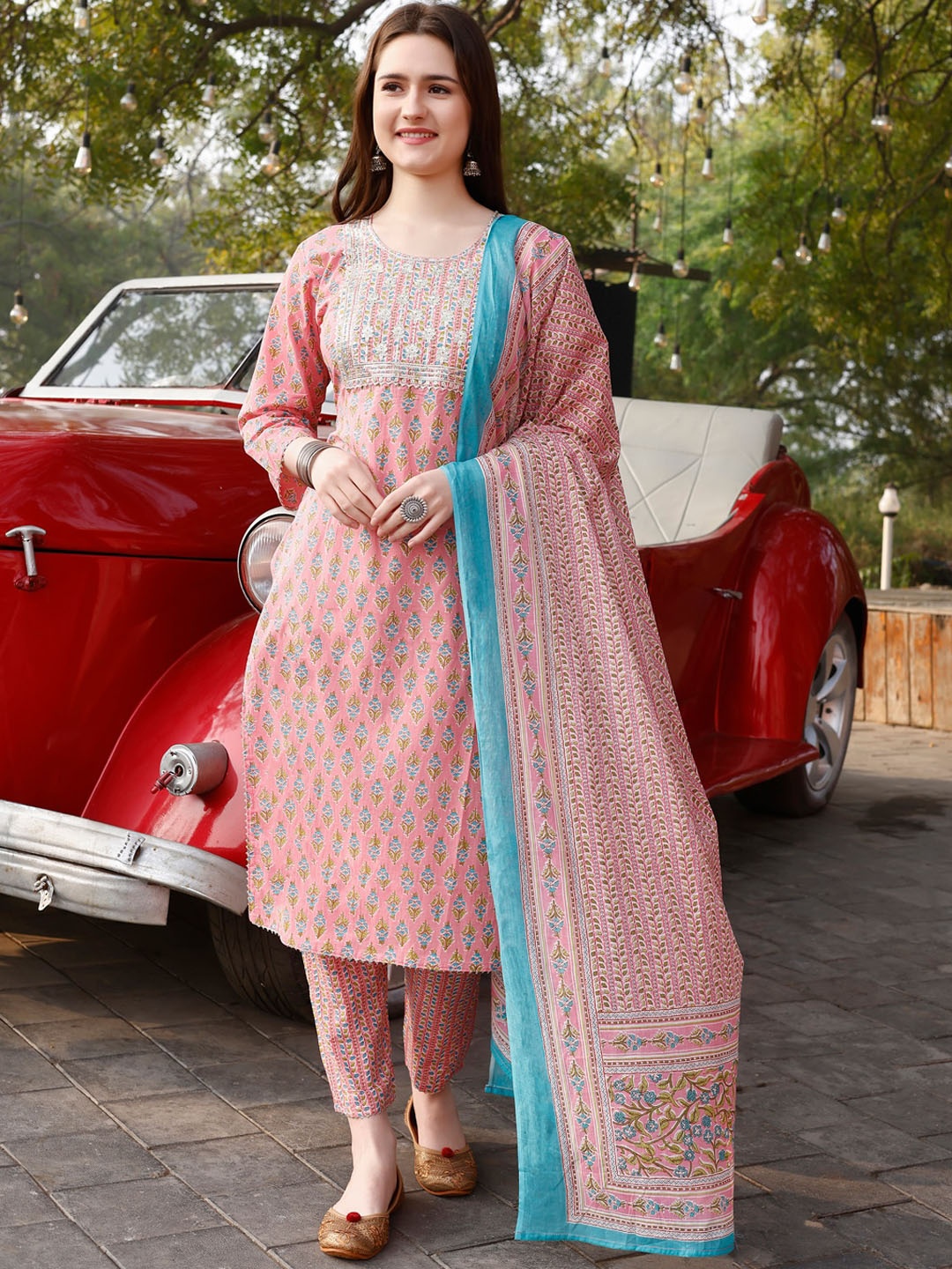 

KALINI Floral Printed Thread Work Kurta with Trousers & Dupatta, Peach