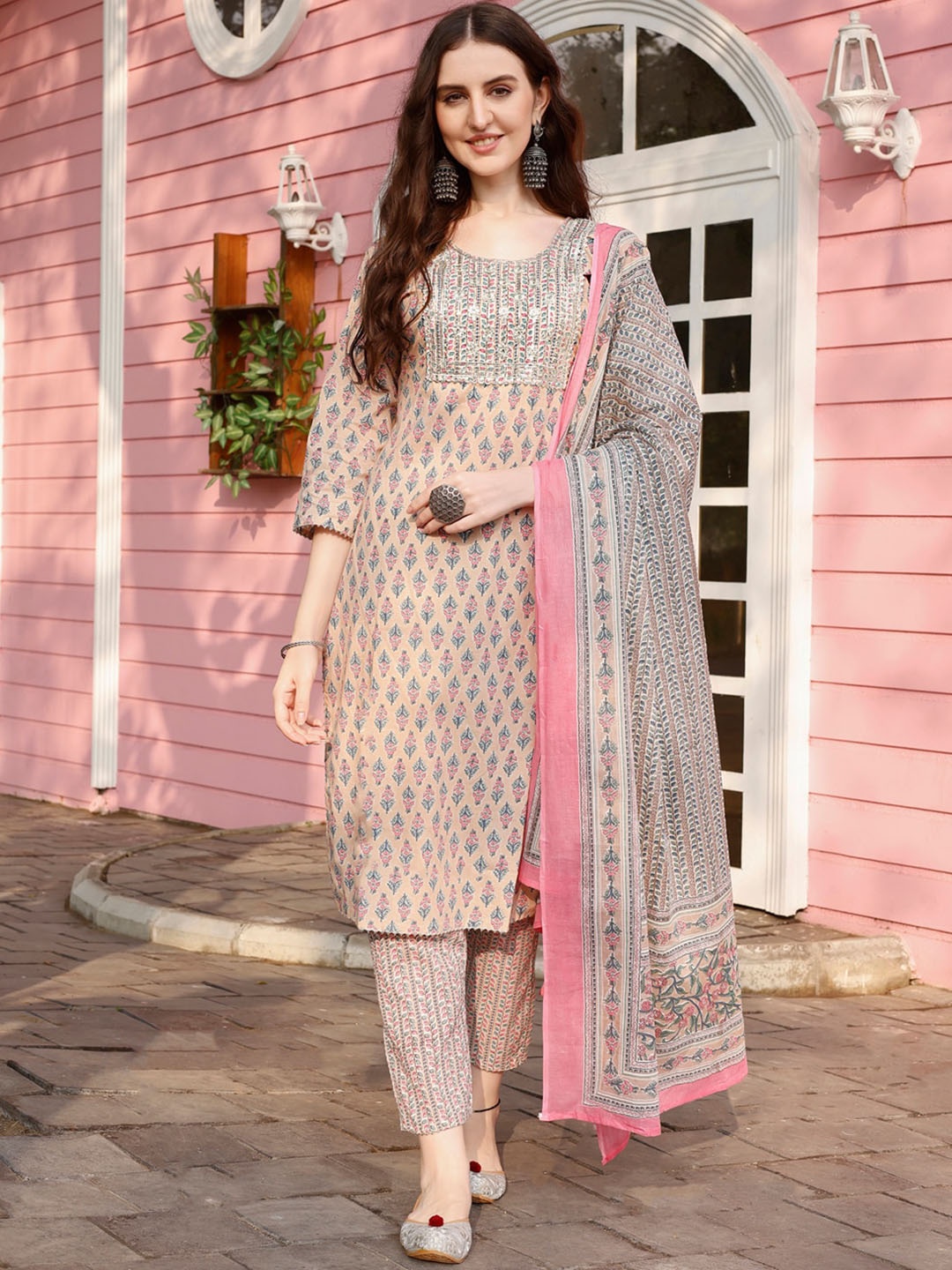 

KALINI Floral Printed Thread Work Kurta with Trousers & Dupatta, Beige