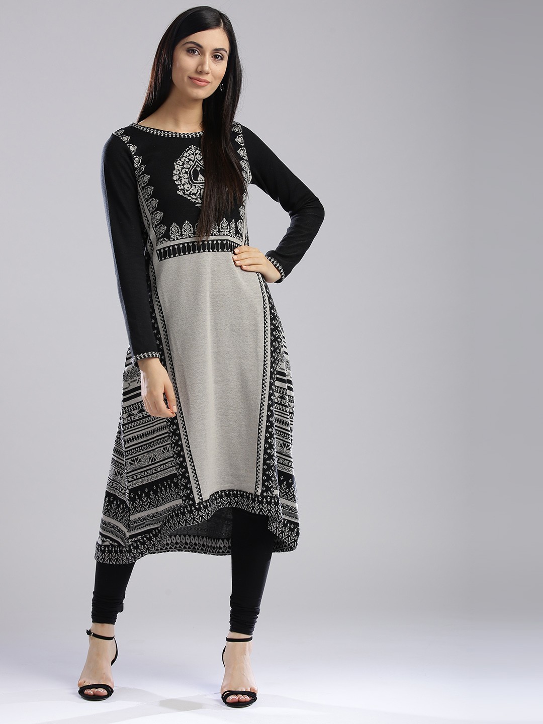 

W Women Black & Grey Woven Design A-Line Kurta