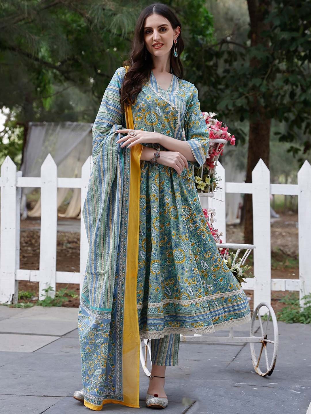 

KALINI Floral Printed Angrakha Anarkali Kurta with Trousers & Dupatta, Blue