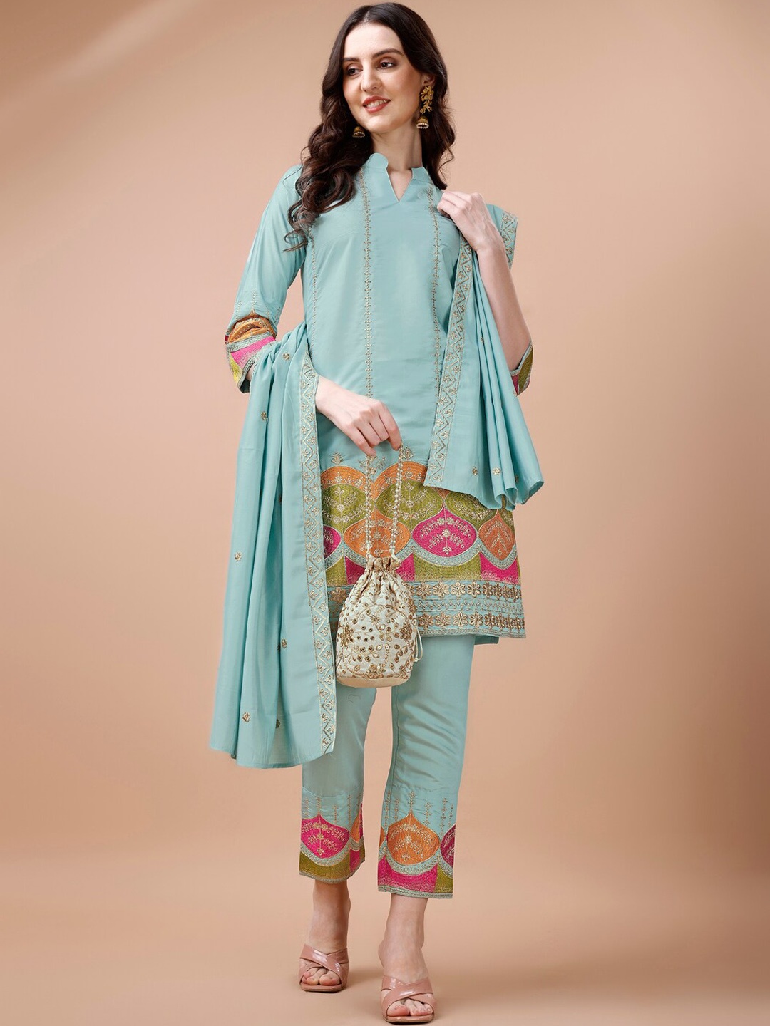 

KALINI Ethnic Motifs Embroidered Thread Work Kurti & Trousers With Dupatta, Blue