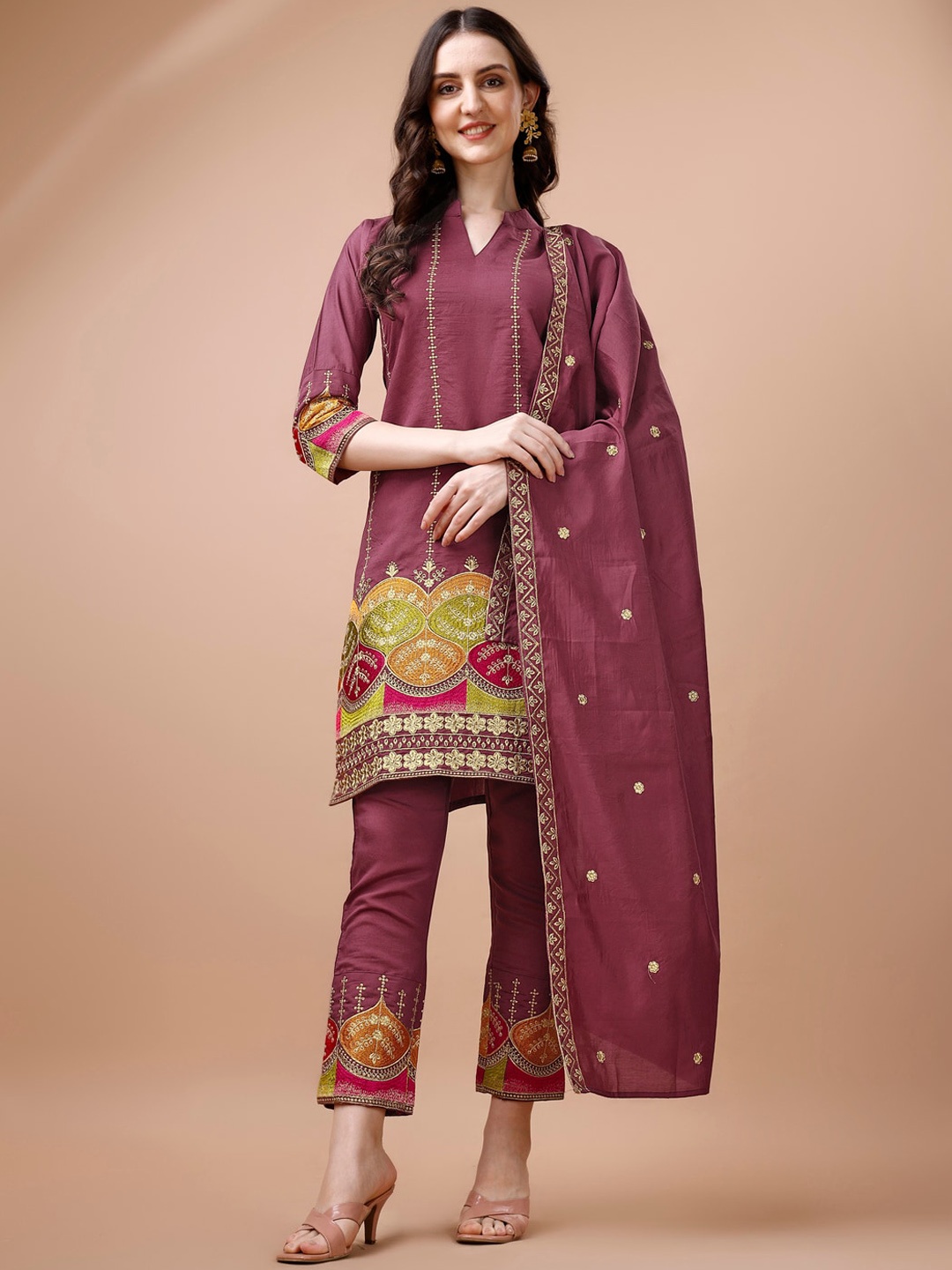 

KALINI Ethnic Motifs Embroidered Kurta with Trousers & Dupatta, Purple