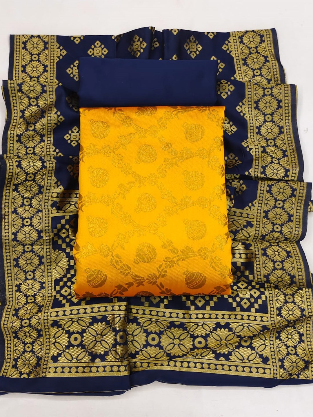 

Panzora Ethnic Motifs Woven Designed Banarasi Jacquard Unstitched Dress Material, Yellow