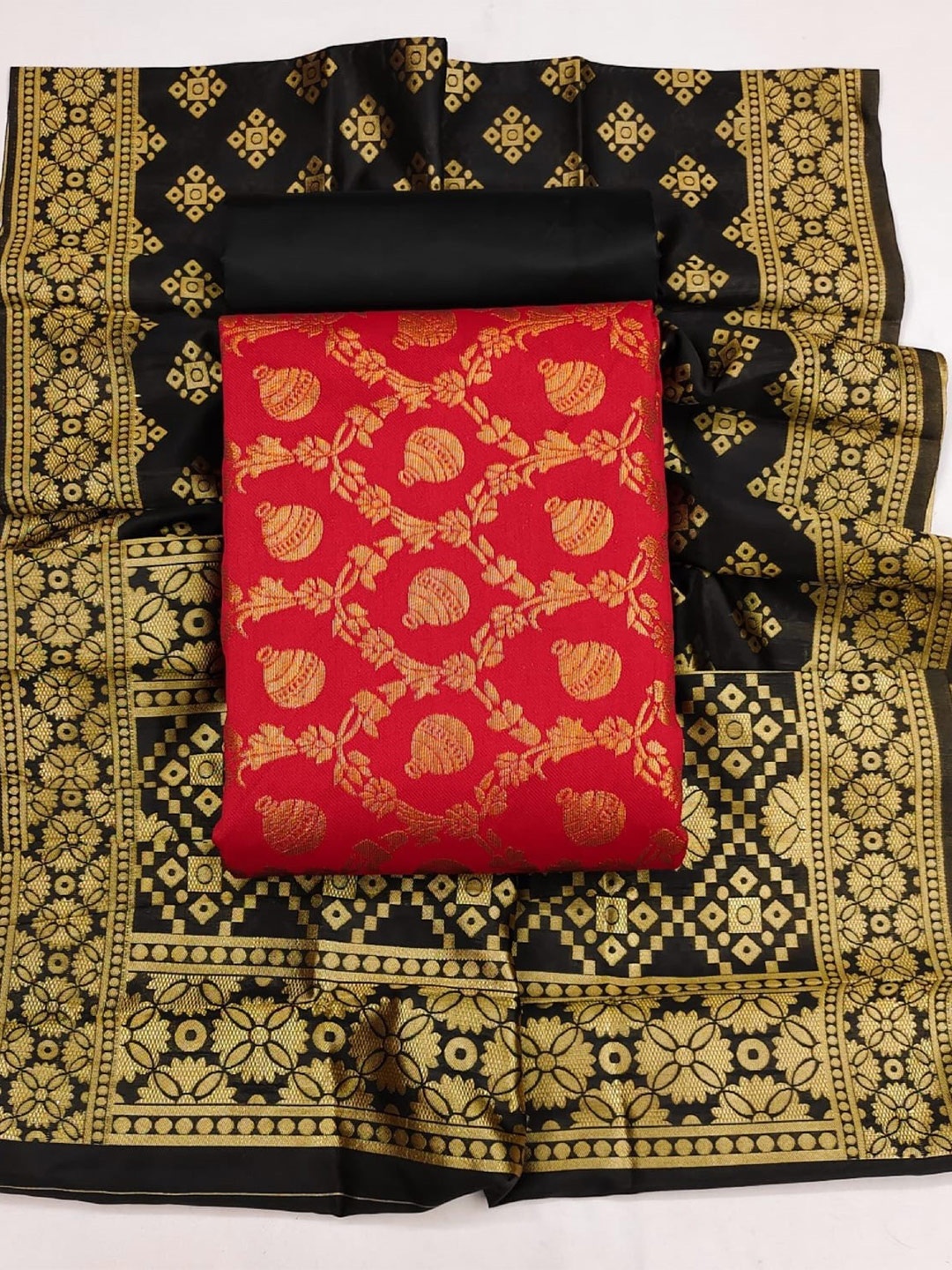 

Panzora Ethnic Motifs Woven Design Unstitched Dress Material, Red