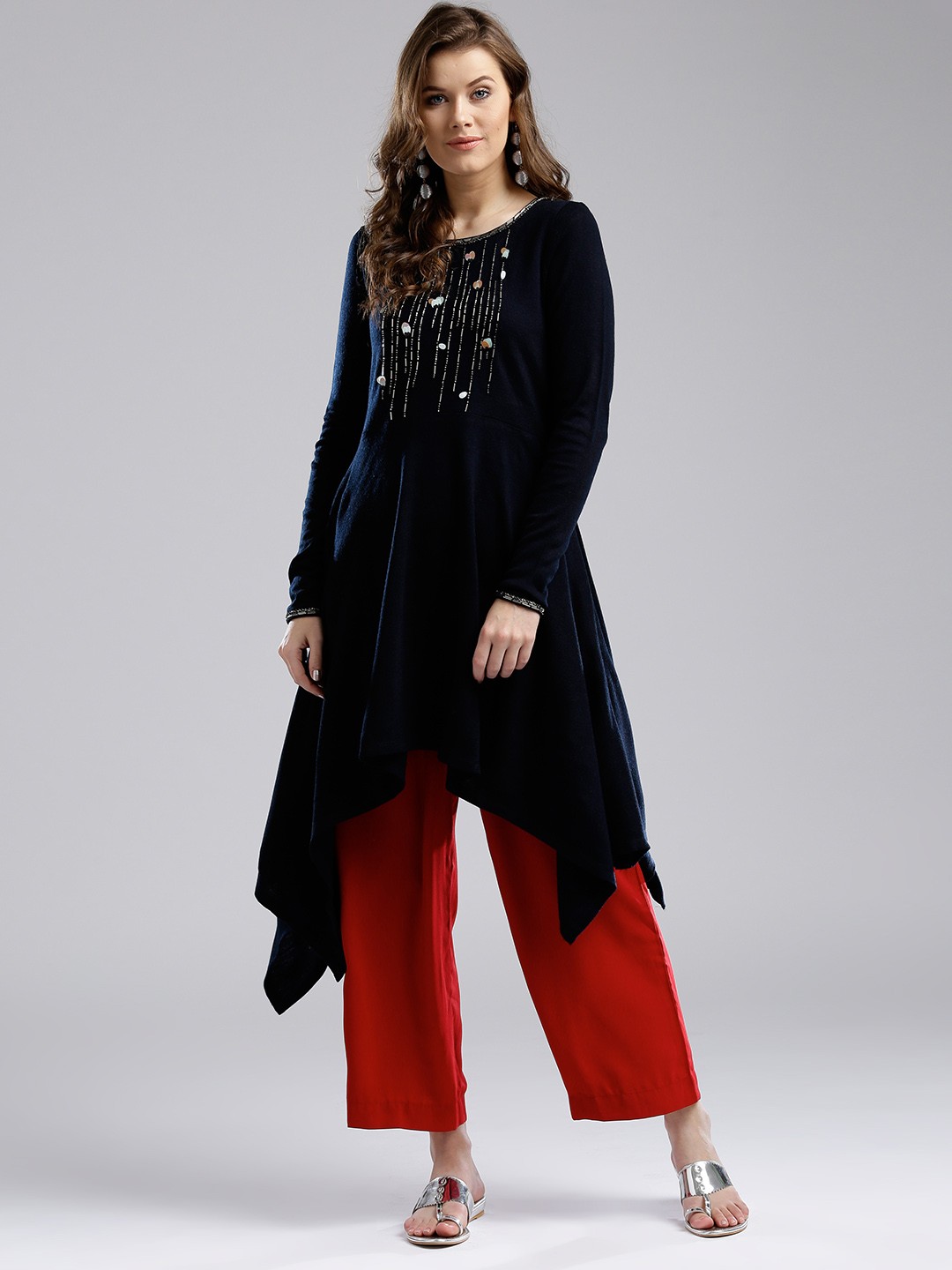 

W Women Navy Blue Solid Asymmetric Hemline A-Line Kurta