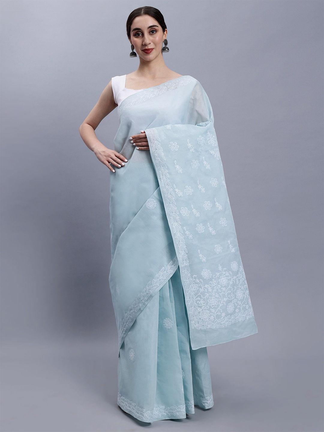 

Seva Chikan Floral Embroidered Chikankari Saree, Grey