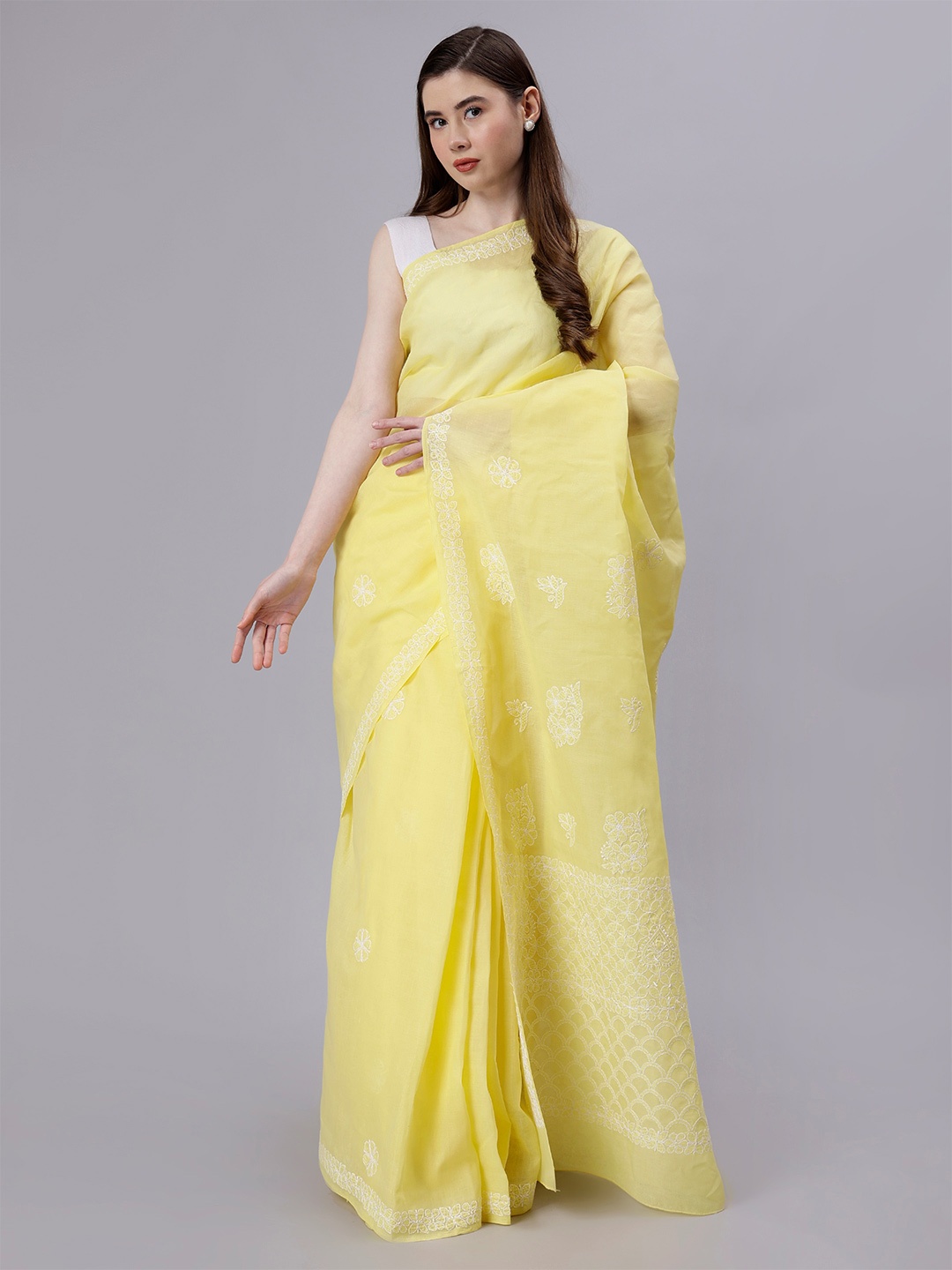 

Seva Chikan Ethnic Motifs Chikankari Saree, Yellow