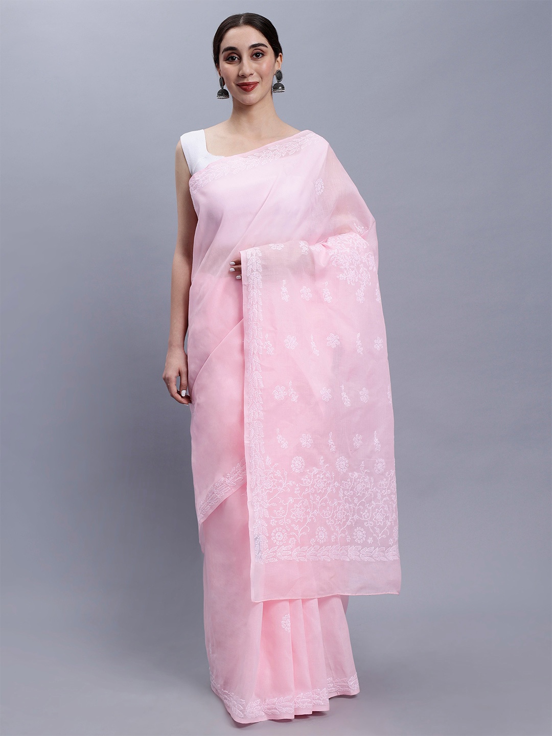 

Seva Chikan Ethnic Motifs Chikankari Saree, Pink