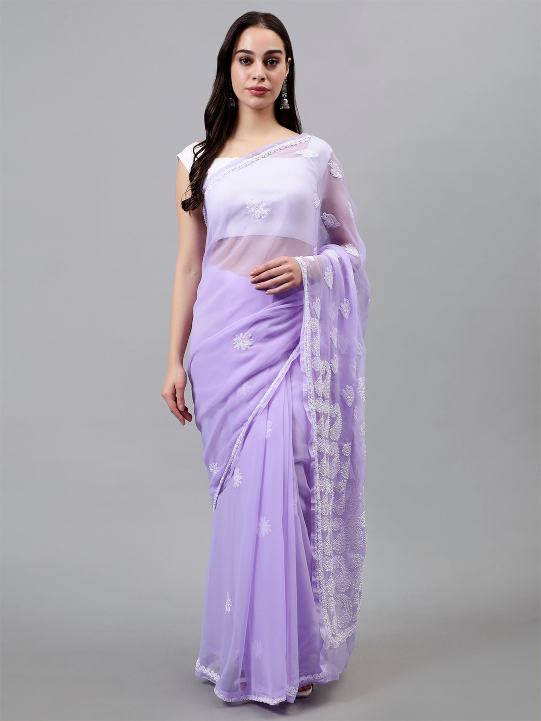 

Seva Chikan Ethnic Motifs Chikankari Saree, Lavender