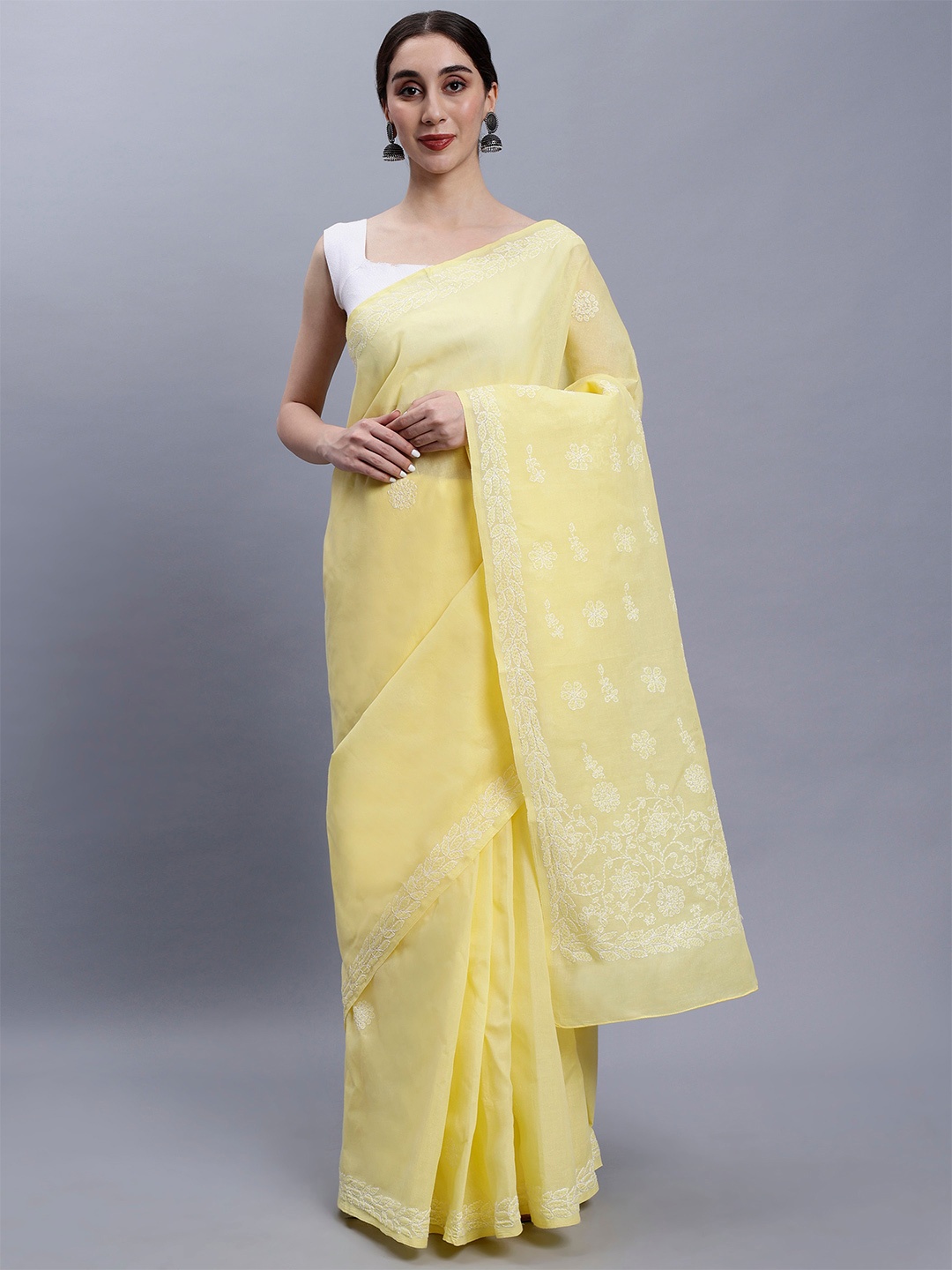 

Seva Chikan Ethnic Motifs Chikankari Saree, Yellow