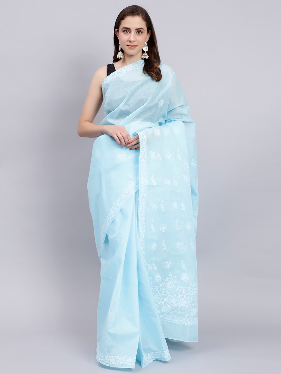 

Seva Chikan Floral Embroidered Chikankari Saree, Blue