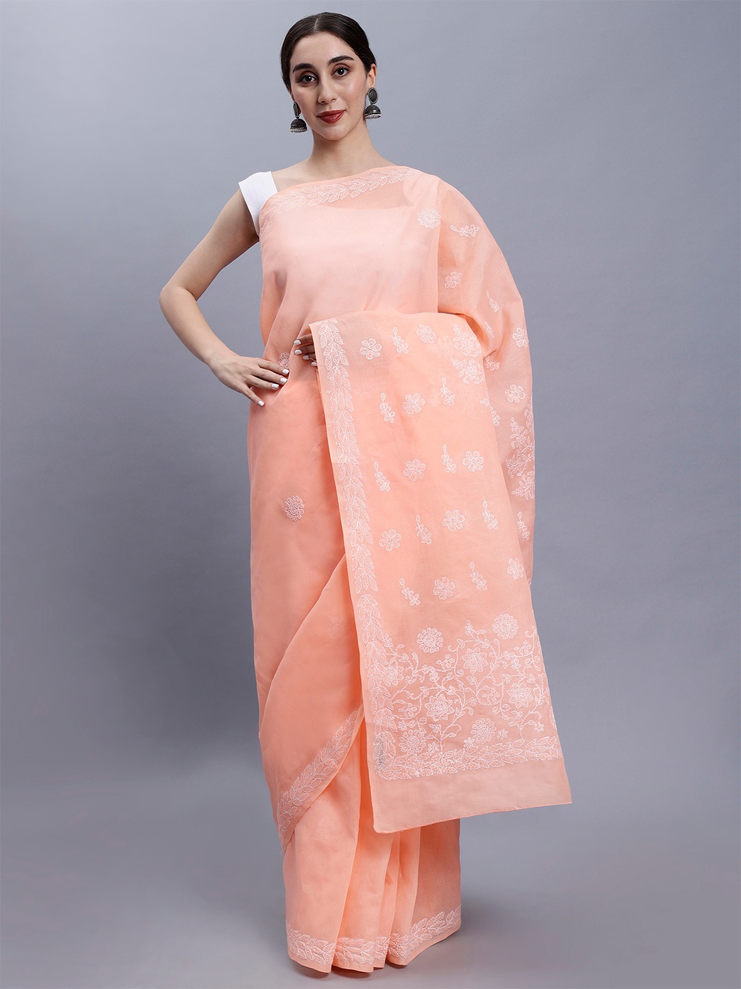 

Seva Chikan Ethnic Motifs Chikankari Saree, Peach