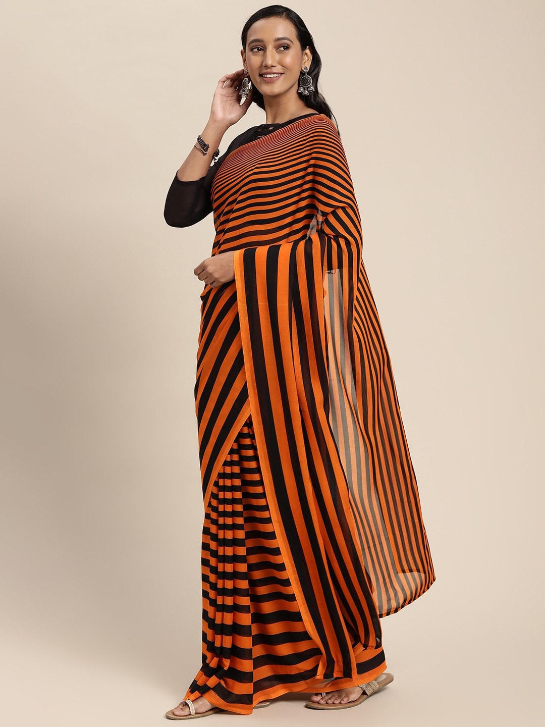 

KALINI Striped Poly Georgette Saree, Orange