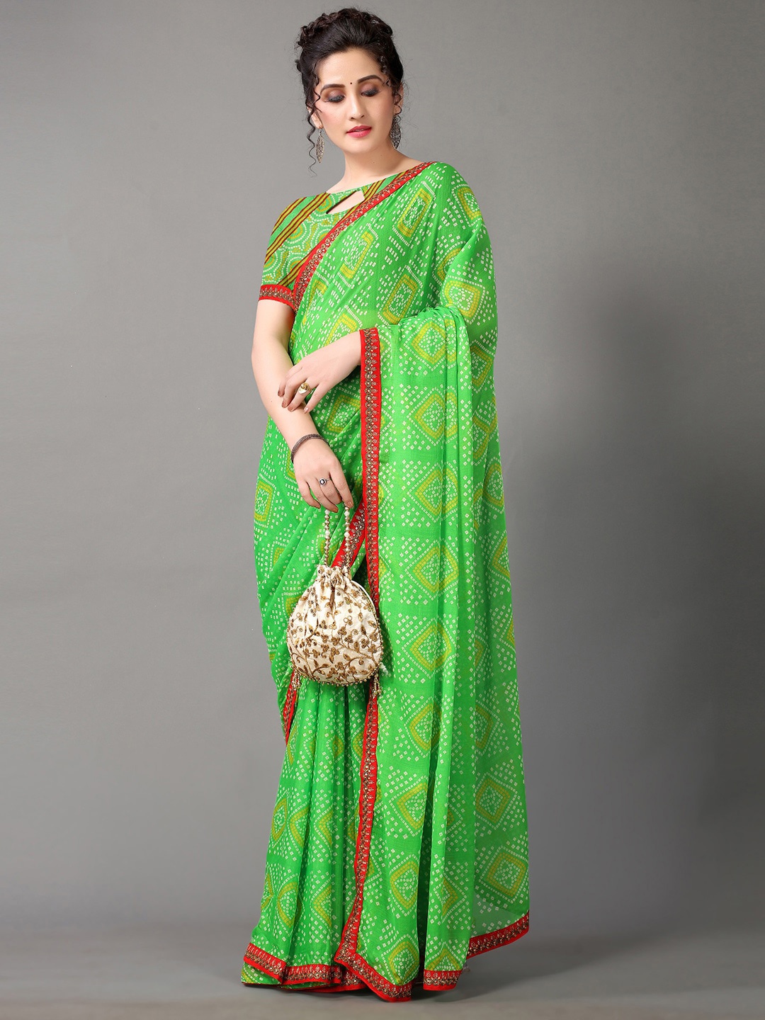 

KALINI Bandhani Printed Sequinned Saree, Green
