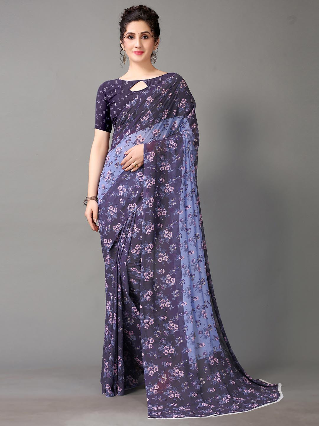 

KALINI Floral Printed Saree, Navy blue