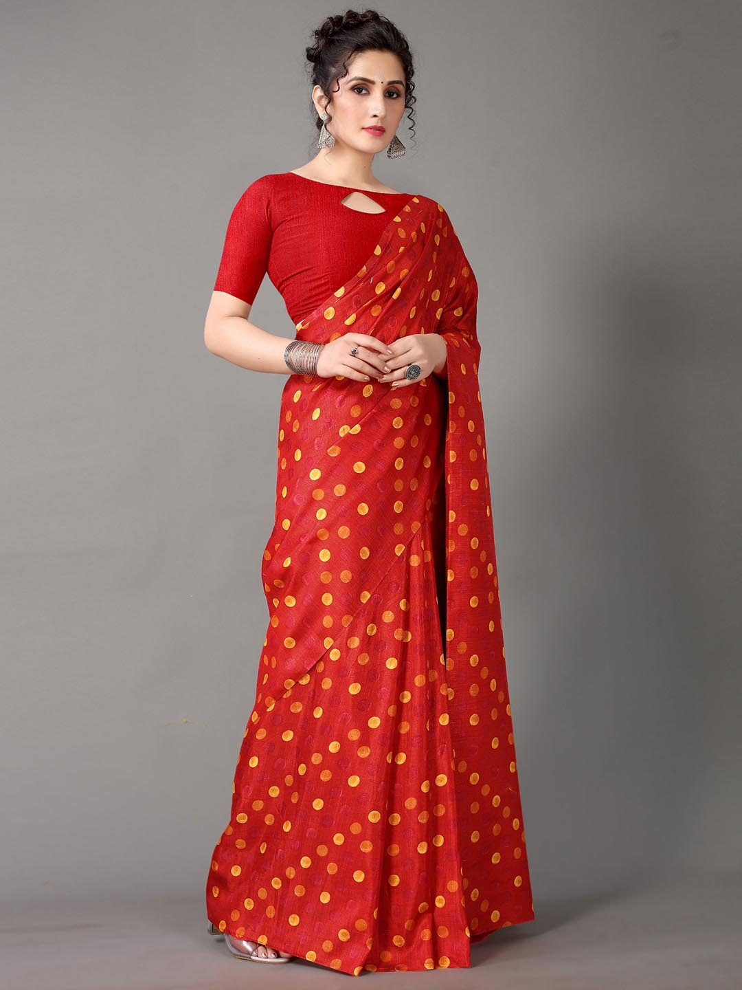 

KALINI Polka Dots Printed Art Silk Saree, Red