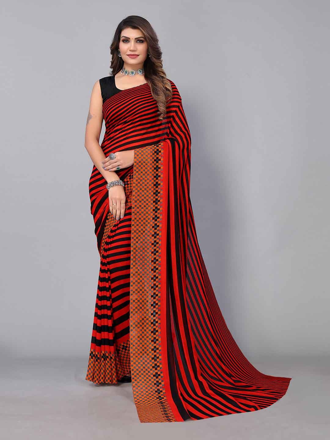 

KALINI Striped Poly Georgette Saree, Red