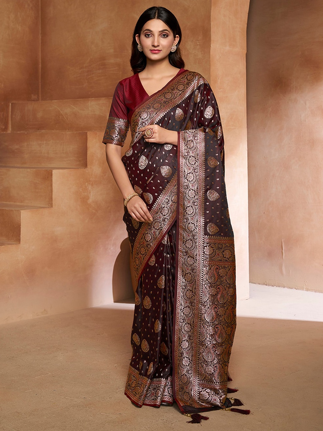 

Inddus Ethnic Motif Woven Design Zari Pure Silk Saree, Brown